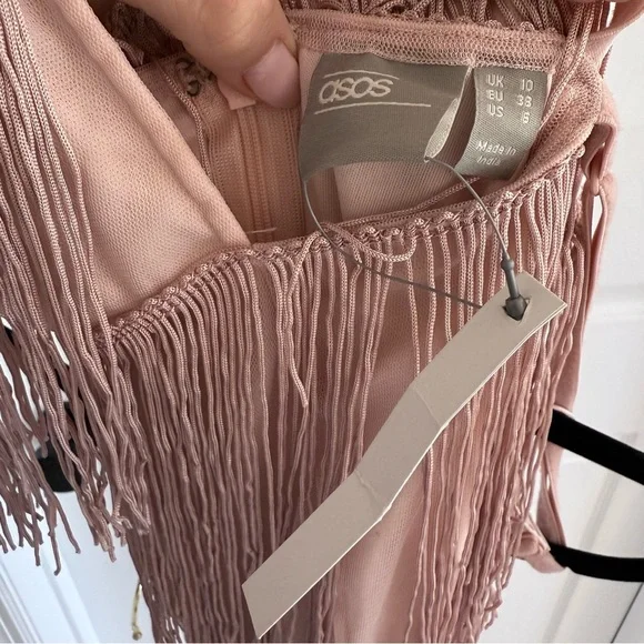 ASOS Fringe Midi Dress Blush Pink Gatsby Flapper 20s Inspired Party Cocktail 6 - Picture 5 of 7